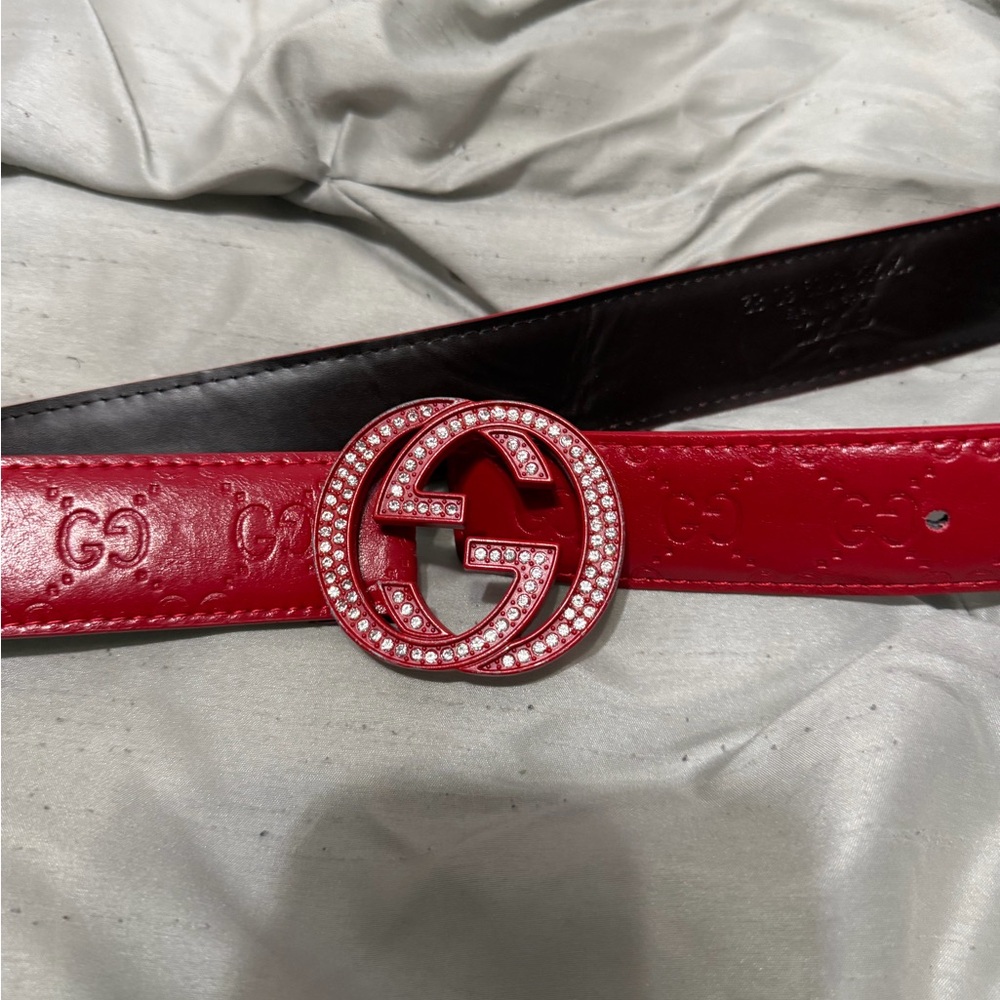 Gucci Red and Black Leather Belt with Crystal Logo